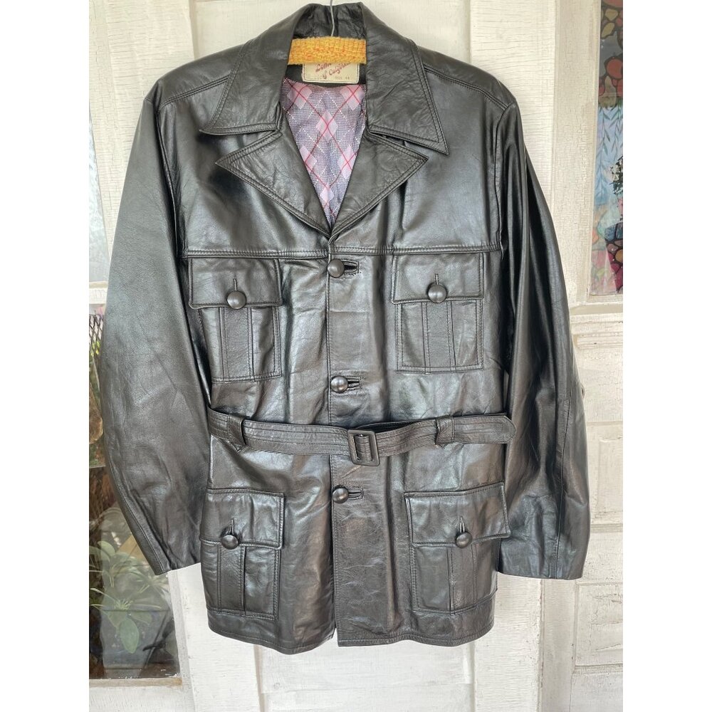 Vintage 1970s Lomeli Of California Leather Jacket Belted Size 42 Mens Black